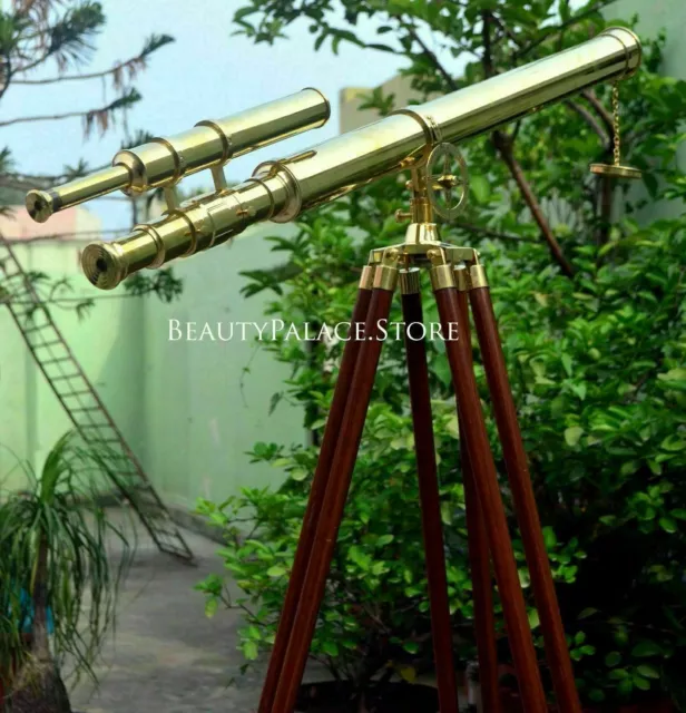 39" Vintage Solid Brass Double Barrel Griffith Astor Telescope With Tripod Stand