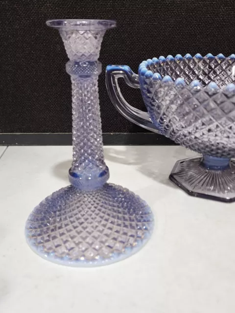 Westmoreland Glass Lilac Opalescent English Hobnail Console Bowl +Candle Holders 2