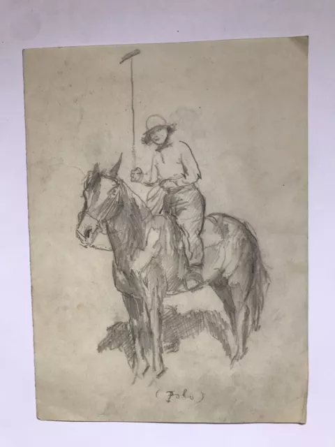 Dessin Ancien Original Mine de Plomb Portrait Femme Cheval Polo XX ème Siècle