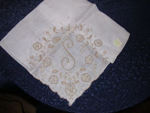 #G Vintage Bridal Champagne Madeira Monogram “S” Wedding Handkerchief Heirloom