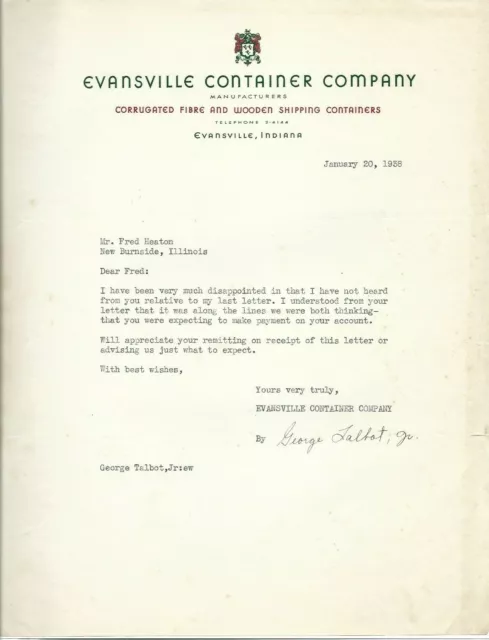 Evansville Container Company, 1938 Letterhead, Evansville, Indiana