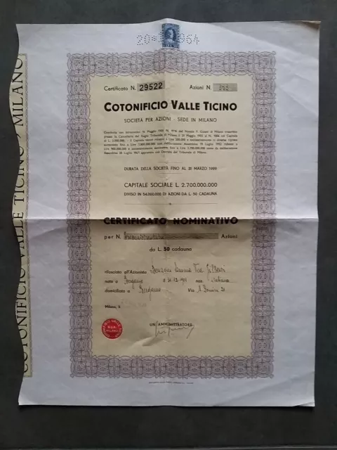 Certificato Azionario di 333 Azioni da L. 50. Cotonificio Valle Ticino (1964).