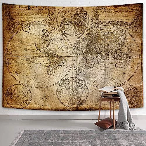 Vintage World Map Wall Tapestry, Old Nautical Map Tapestries Wall