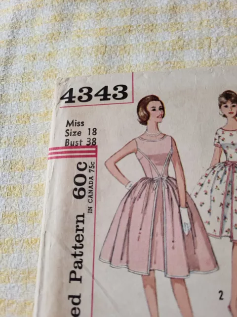 Vtg 1960's Simplicity 4343 INVERTED-PLEAT DRESS  Sewing Pattern Large Sz 18 B 38 3