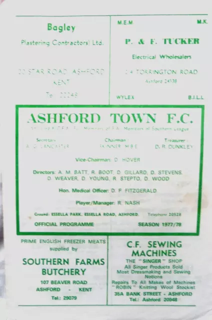 Ashford Town V Chelmsford City 4/2/1978 Southern League - Division 1 South #Vgc#