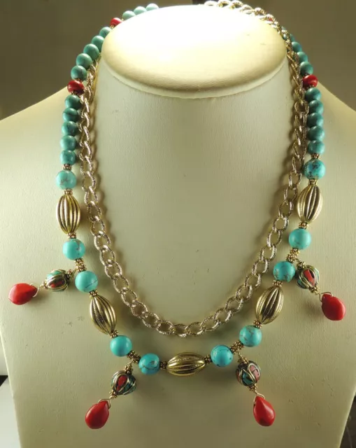 STATEMENT CORAL & Turquoise Nepalese Bead Necklace with Howlite & Chain ...