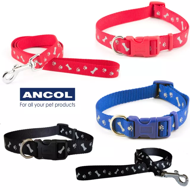 Ancol Dog Puppy Collar Paw N Bone Nylon Reflective Adjustable or Matching Lead