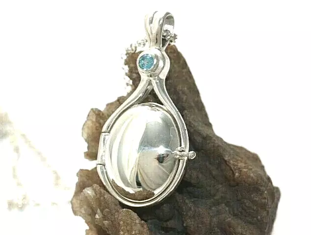 NEW Made in USA 925 Sterling Silver Mermaids Locket Necklace Swiss Blue Topaz