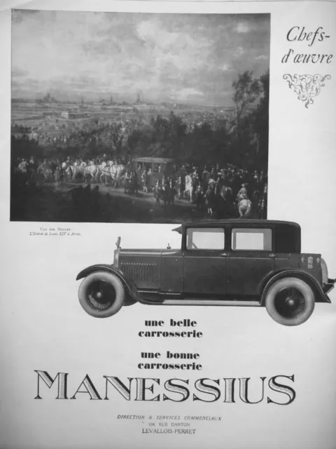 Publicité De Presse 1927 Manessius Une Belle Carrosserie Un Chefs-D'oeuvre