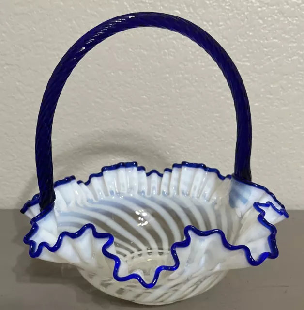 Fenton Glass Blue Ridge Opalescent Spiral Optic Basket 10”, 80th Anniversary