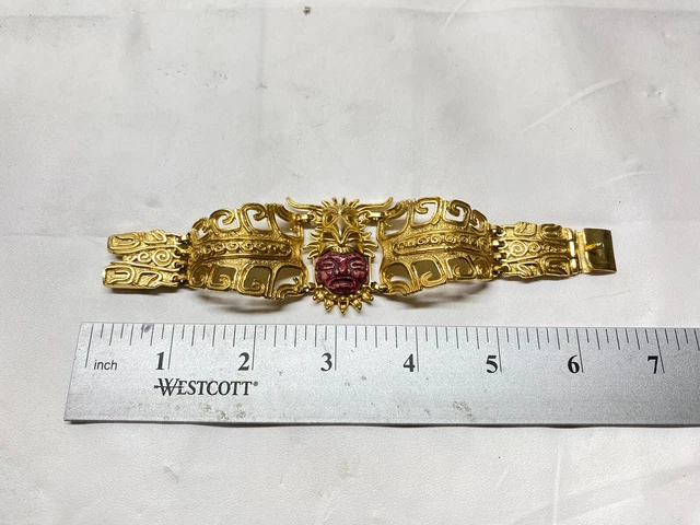 Salvador Teran Marbel Mexico Mark Ceramic Warrior Face Gold Tone Bracelet