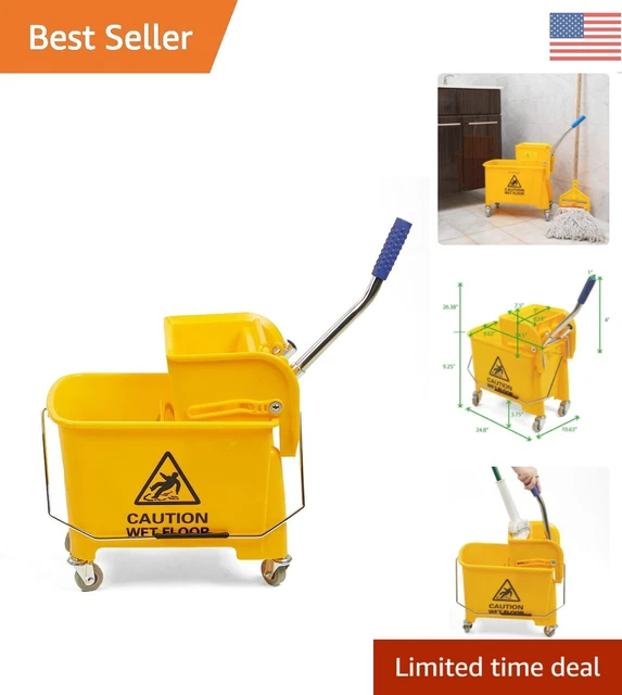 Heavy-Duty Commercial Rolling Mop Bucket - 22 Quart Capacity - Yellow