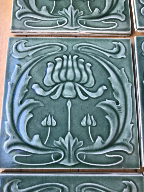 set of 8 soft green Majolica Art Nouveau Antique tiles 6 inch Square