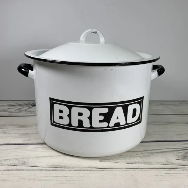 Vintage Enamel Bread Bin Round Large Container White 29.5cm Diameter. Poland