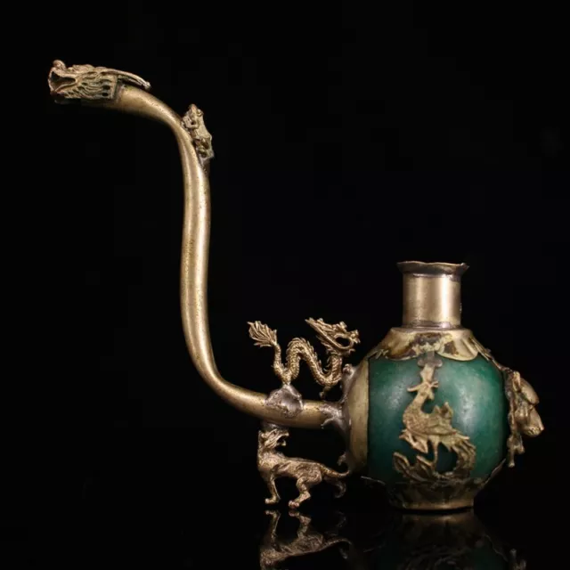 Exquisite Old Chinese tibet silver inlay jade handmade Smoking tools 9205