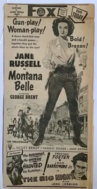 1953 newspaper ad for movie Montana Belle - Jane Russell, Gun-play Woman-play