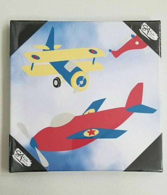 Canvas Airplane Wall Hanging Red Yellow Blue 12x 12 SA Studio Arts New