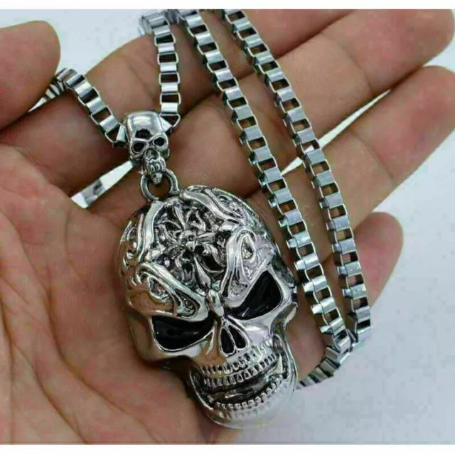 Schwarze Skull Halskette aus Edelstahl Totenkopf-Anhänger Männer Biker  Geschenk
