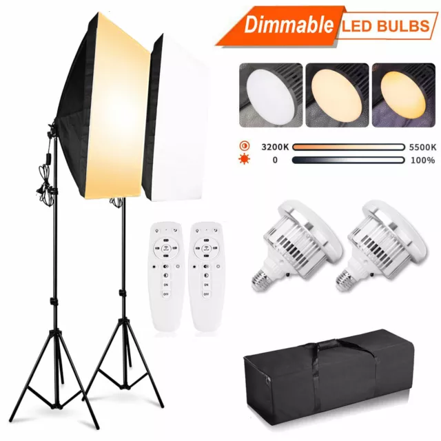 Photography Studio 2x 85W Dimmable LED Softbox Lighting Soft Box Light Stand Kit