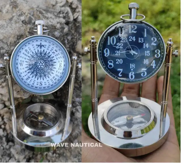 Silver Brass Table Clock with Maritime Vintage Brass Compass  office clock New