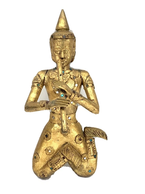 VTG Thai Siam Figure Asian Musician Wood Carved Giltwood Gold Gilt Wall Hanging