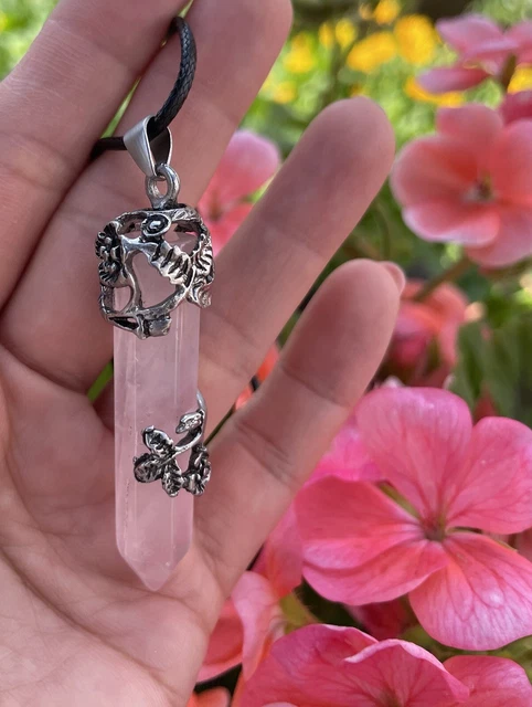 Hexagonal Natural Rose Quartz Crystal Chakra Healing Point Pendant Necklace.