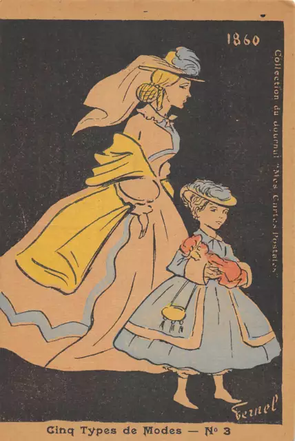 Cpa Illustrateur Art Nouveau Signe Fernel Cinq Types De Modes