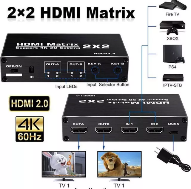 4K 2x2 HDMI Matrix 2 IN 2 OUT HDMI Switch Splitter Converter pour PS4/5 PC To TV 2