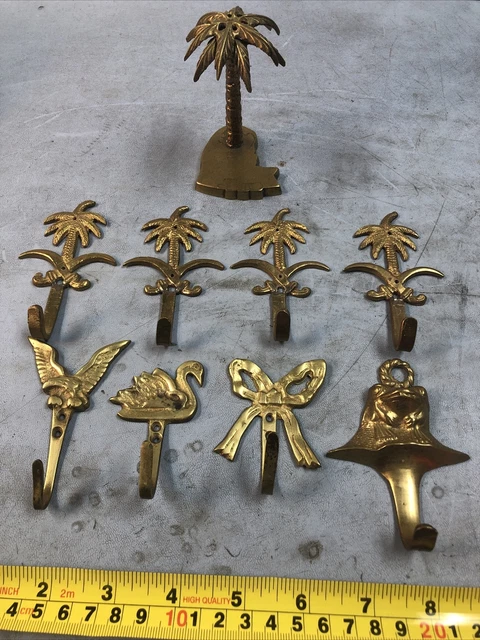 Brass Wall Mount Hooks Palm Tree , Scimitar, Frog, Swan, Eagle, Bow - Lot of 9