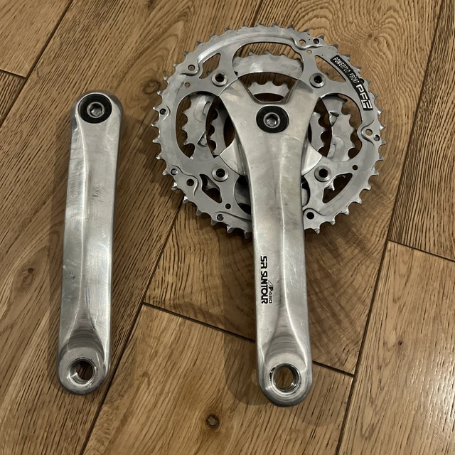 Pédalier Vélo SR Suntour Superbe Vintage - Triple Plateaux 52-42-30T - 170 Mm - Argent - Occasion Fonctionnel
