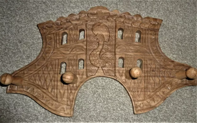 Unique vintage wooden coat hooks hand carved chunky heavy duty wood plaque LGE