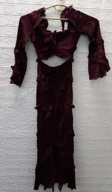 New ASOS DESIGN Milkmaid Ruffle Cut Out Satin Devore Maxi Dress Burgundy Size 2