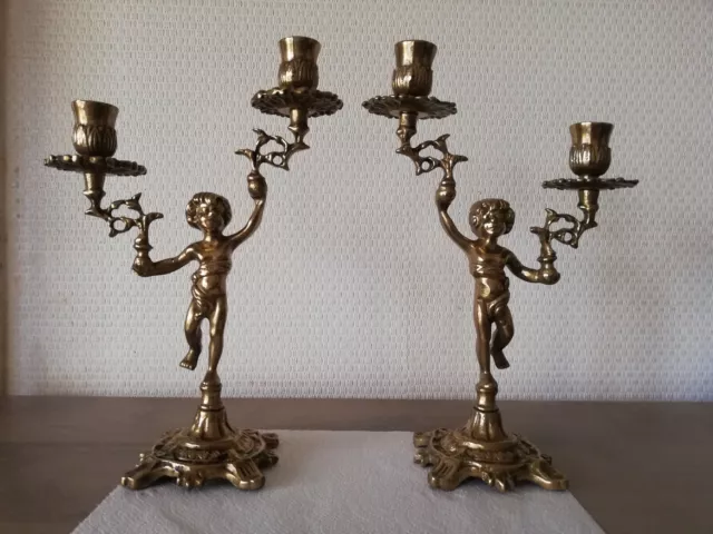 Paire de Chandeliers / Bougeoirs Putti 29 x 19cm