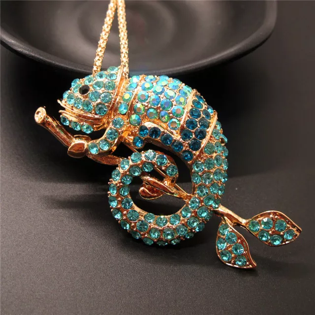 Betsey Johnson Blue Rhinestone Bling Branch Gecko Crystal Pendant Chain Necklace 2