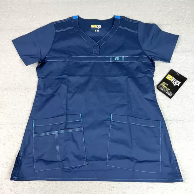 WonderWink Scrub Top Utility Pockets Wonder Flex Womens Small Blue Stretch Nurse