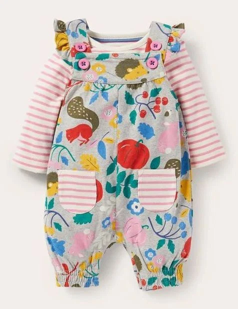 Girls Mini Boden Dungaree & Bodysuit Set Forest Friends Baby Age 0 - 6 Months