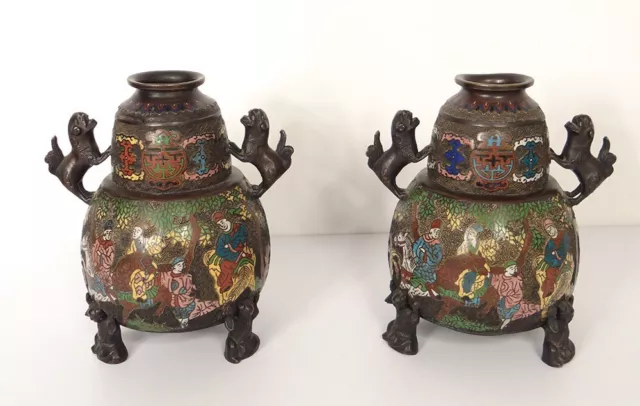 Paire de vases japonais bronze cloisonné décor dragon mandarin XIXè