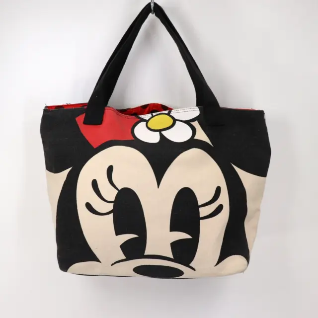 Disney Minnie Mickey Mouse Canvas Tote Bag L Black White Red Polka Dot Lined Zip