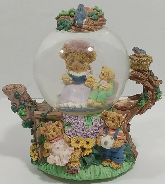 "Casa de té vintage con globo de nieve con música de cerámica hecha a mano con osos tediosos de 6""x6"""