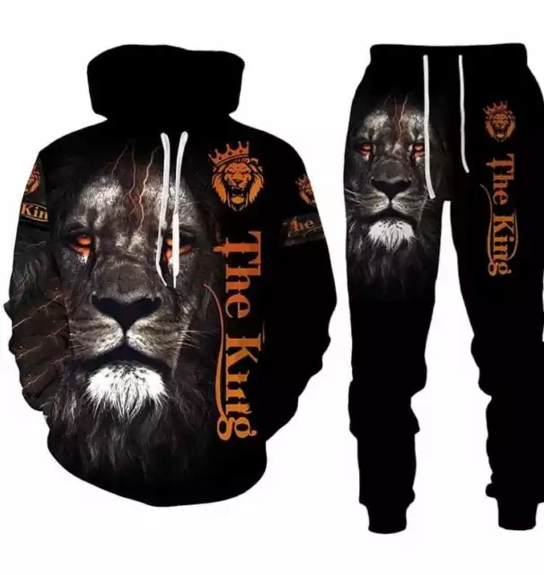 Tuta Completa 2 Pezzi Felpa Pantalone Sportiva Fitness Con Cappuccio Leone