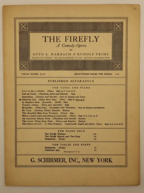 The Firefly (A Comedy-Opera) By Rudolf Friml/Otto A. Harbach - 1912 Sheet Music