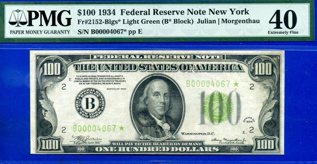 1934 $100 Federal Reserve Note PMG 40 New York Light Green Seal star Fr 2152-B 2