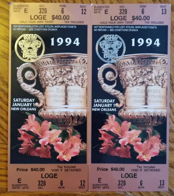 1994 Sugar Bowl Florida Gators vs. West Virginia Mountaineers Two Unused Tickets