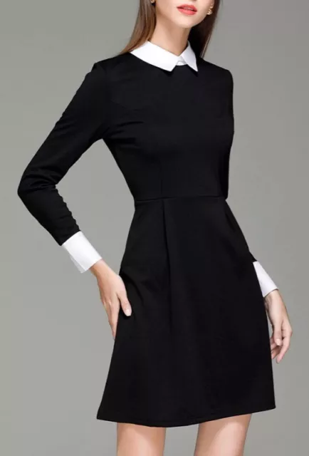 Womens Black White Peter Pan Collar Long - Sleeve Skater Block Shift Mini Dress