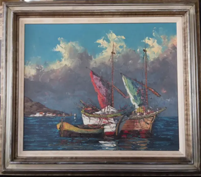 Vintage Mid Century Signed  FISHER OIL PAINTING ~VIVID BOATS AT WHARF