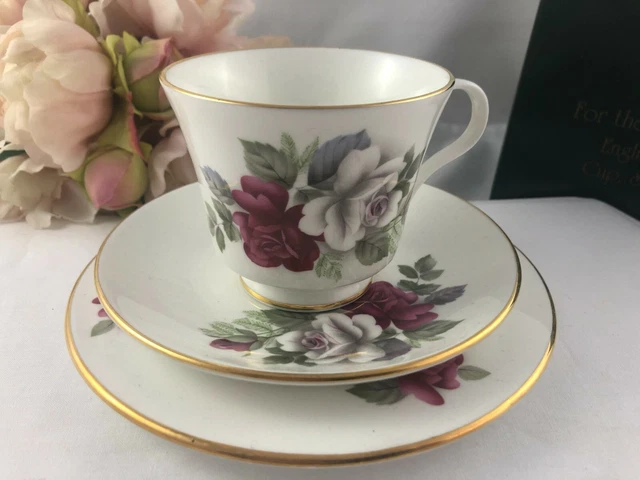 English Crown Trent Staffordshire Rose Floral Pattern Trio with Original Box