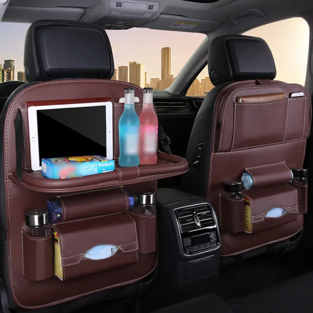 PU Leather Car Seat Back Organizer Storage Bag Multi-Pocket Tray Tablet Holder