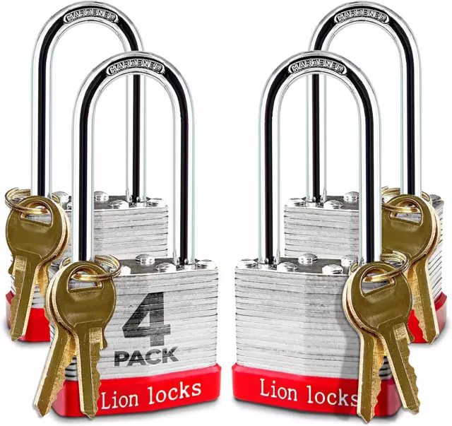Lion Locks 4 Keyed-Alike Padlocks W/ 2” Long Shackle, 8 Keys, Hardened Steel Pa