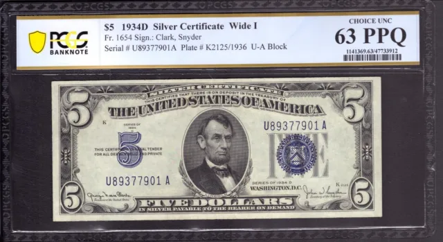 1934 D $5 Silver Certificate Note Fr.1654 Ua Block Pcgs B Choice Unc 63 Ppq