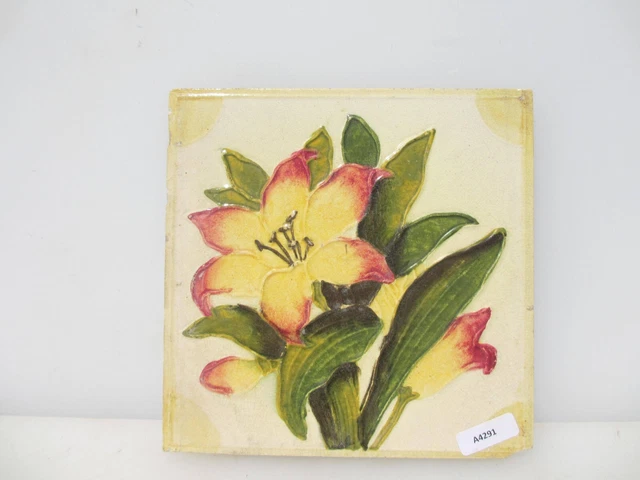 Antique Ceramic Tile Vintage Floral Art Nouveau Flowers Old Leaf
